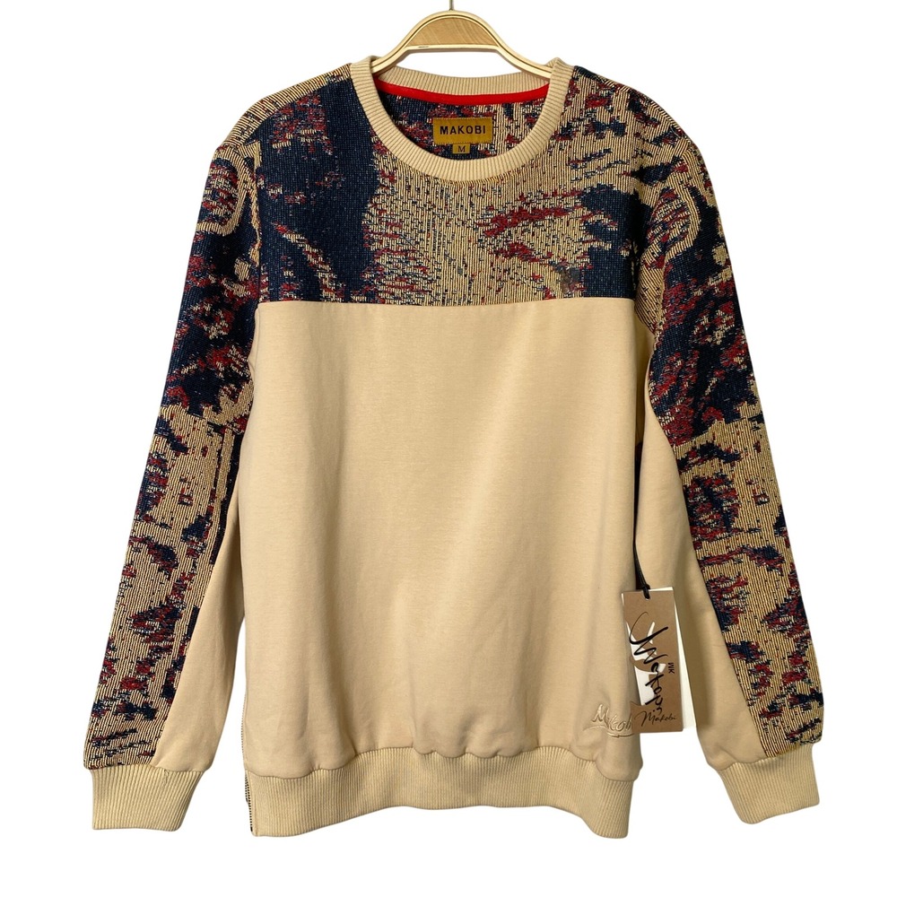 Makobi Bagnoli Tapestry Crewneck Sweatshirt Men M Tan Khaki M4399 Streetwear NWT